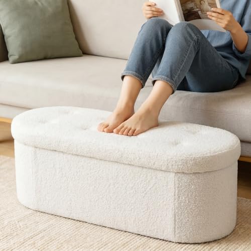 Oval Storage Ottoman Bench - White Teddy Fabric, 43 Inch Variation