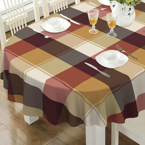 Brown Plaid Oval Tablecloth 60x102 Inch Waterproof Washable Fall Christmas Decor