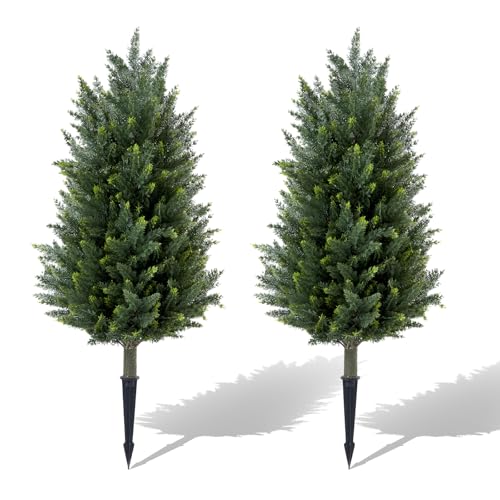 2pcs 3FT Artificial Cedar Topiary Trees with Ground Spikes - UV-Resistant Outdoor & Indoor Decor