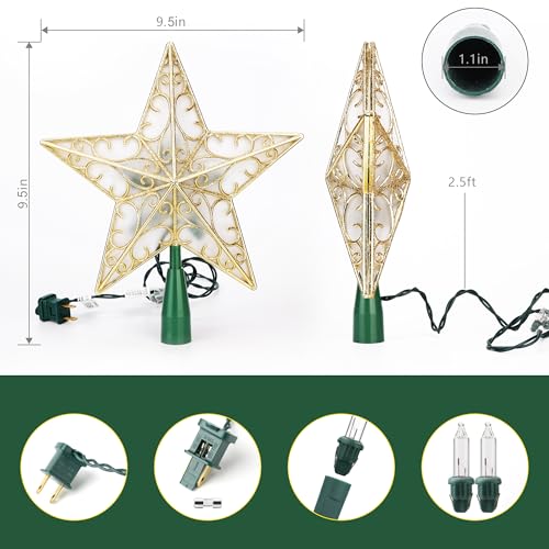 ODEETRONIC Gold 3D Double-Sided Christmas Star Tree Topper Lights 9.5in with Warm White Incandescent LEDs, UL Certified - Seasonal Holiday Decor