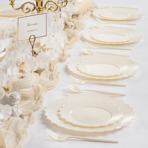 100pcs Ivory Plastic Plates - Fancy Scalloped Dinner & Dessert Plates for Party