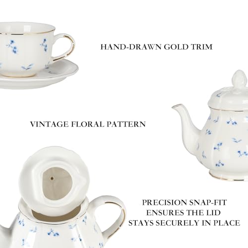 Sweejar Small Flower Floral Tea Set for 6 with Teapot & Saucers – Gold Rim Porcelain, Elegant Gift
