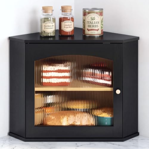 Corner Bread Box for Kitchen Countertop - Bamboo Wood Storage, Black Variation