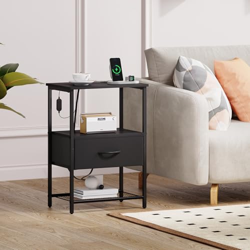 Nightstand Set of 2 with Charging Station & LED Light - Black, 11.8 x 15.7 x 23.4 inches, 1 Drawer