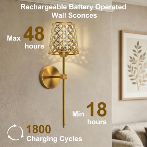 Gold Rechargeable Crystal Wall Sconces Set of 2 - Dimmable RGB & CCT Wall Lamps with Remote - New