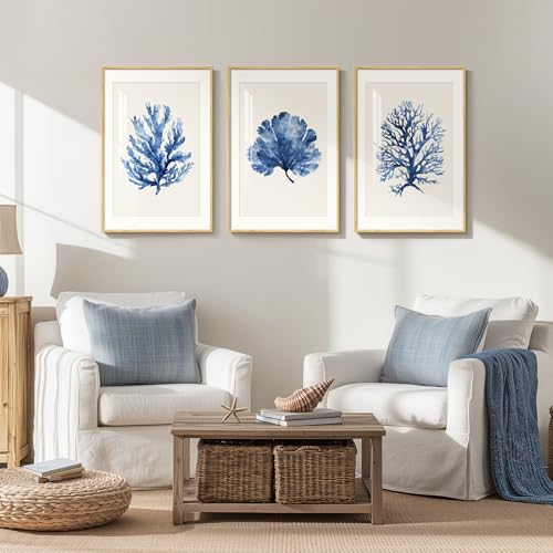 Cuspin 3-Piece Coastal Ocean Blue Coral Wall Art Set 16x24 Inches with Mat