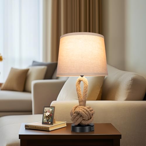2-Pack 22-Inch Hemp Rope Bedside Lamps with USB Ports, 3-Color Temperatures, Rattan Nightstand Lights