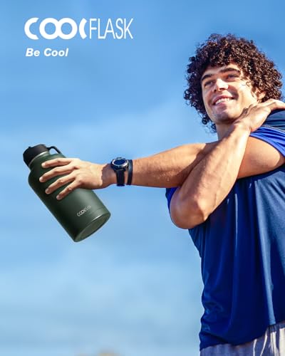 Coolflask Dark Green Half Gallon Insulated Water Bottle with Straw & 3 Leakproof Lids