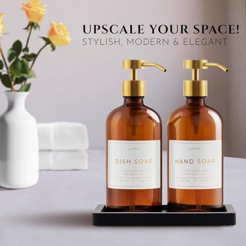 Amber Glass Soap Dispenser Set of 2 with Gold Pumps & Silicone Tray - 16.8 Oz