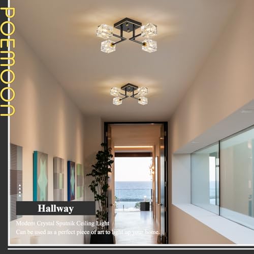 Poemoon Black Gold 18in Crystal Sputnik Chandelier 4-Light Ceiling Fixture
