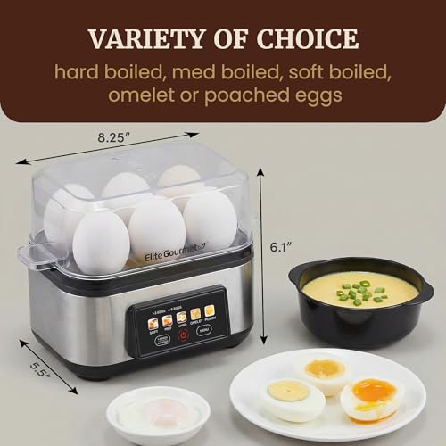 Elite Gourmet 6 Egg Digital Egg Cooker - Stainless Steel, 6-Egg Capacity, One-Touch Display