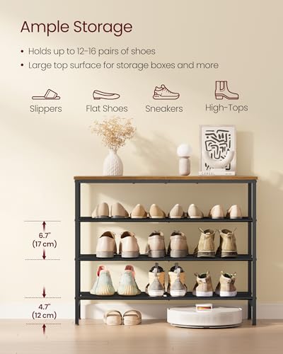 VASAGLE Rustic Brown & Ink Black 4-Tier Metal Shoe Rack - Holds 12-16 Pairs