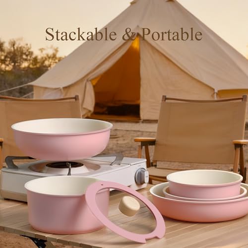 Pink 19-Piece Non-Stick Cookware Set with Detachable Handles - Space-Saving Design