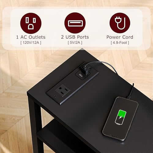 IRCPEN Black Narrow Side Table with Charging Station & Magazine Rack, 3-Tier Nightstand for Small Spaces