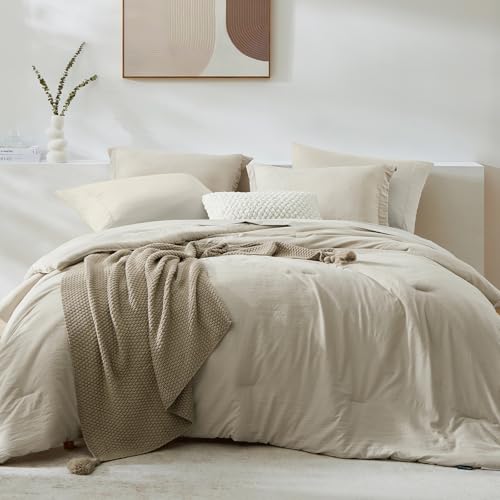 King Size Comforter Set - 7 Pieces Prewashed Bed in a Bag Light Oatmeal - King Bedding