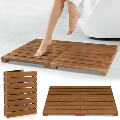 Teak Foldable Shower Mat - Non-Slip Wooden Bath Mat for Spa, Sauna, Pool & Bathroom