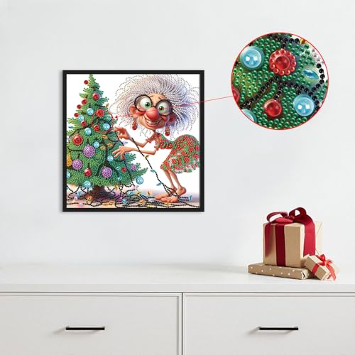 Grandma Christmas Tree 5D Diamond Art Kit for Beginners – 12x12 in Crystal Rhinestones