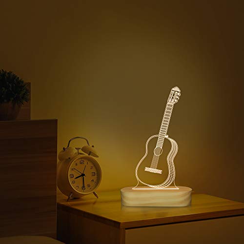 Guitar 3D Illusion Optical Night Light LED Bedside Lamp for Children Men Him Musicians Lovers Christmas Gifts Soft Warm White Colour