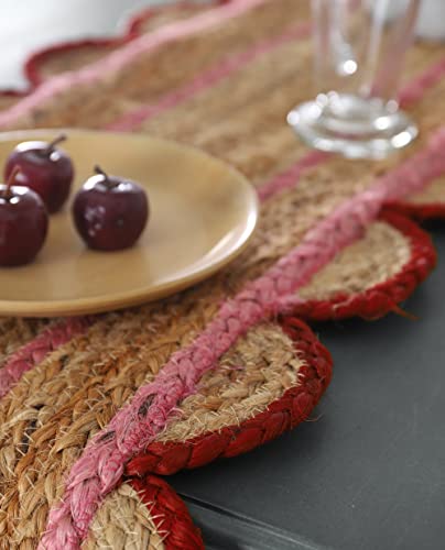 Madhu International Handwoven Jute Table Runner 13x48 Inch with Pink & Red Border, Scalloped Edge, Farmhouse & Boho Decor