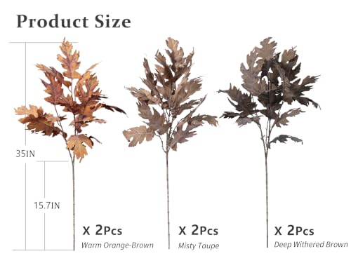 Fall Oak Stems - 6 Pcs 35-Inch Faux Autumn Branches with Foliage, Vintage Brown-Orange Variation