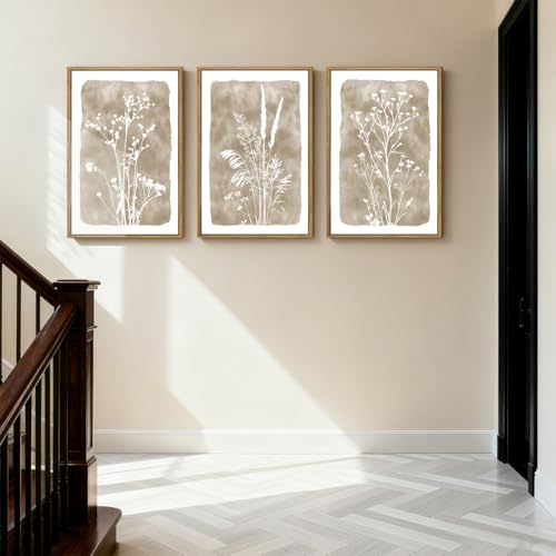 ANHUIB Beige Floral Canvas Wall Art Set of 3 16x24 Inches Framed Botanical Decor for Living Room Bedroom Office Variation: 24"L x 16"W