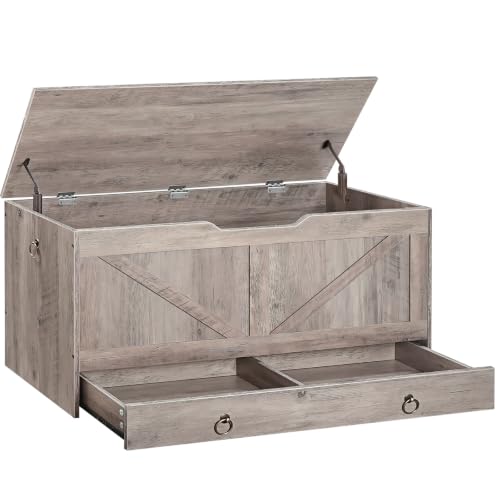 HOOBRO Greige 39.3" Wooden Storage Chest with Drawer, Safety Hinge, Entryway Bench