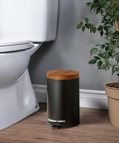 Black Bamboo Lid Trash Can 4.5L Steel Waste Bin with Plastic Inner Bucket