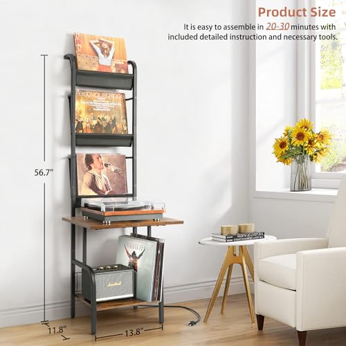 Tewinko Record Player Stand with Power Outlet & Vinyl Storage - Black & Brown