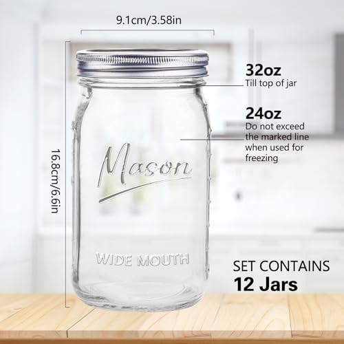 Galssmagic Clear 32 oz Wide Mouth Mason Jars with Airtight Lids - 12 Pack