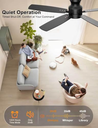 Low Profile Ceiling Fan with Lights 52 Inch Black Remote & App Control