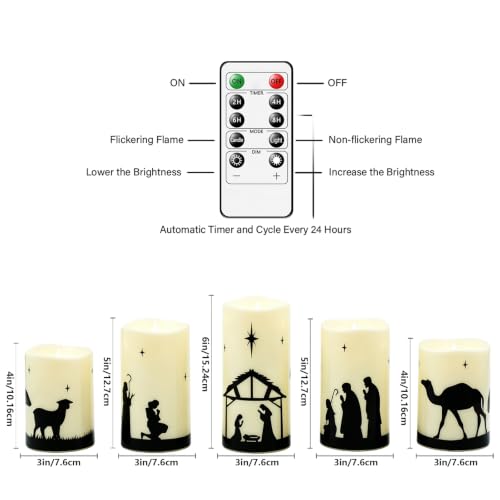 Nativity Scene 5-Piece Flameless Candles Ivory - Sasigeiaa 3" D x 4/5/6" H Christmas Nativity Set