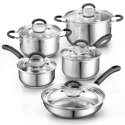 10-Piece Stainless Steel Cookware Set with Glass Lids, Oven Safe