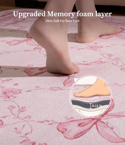 Pink Bow Area Rug for Girls - 8x10 Washable Floral Scalloped Rug - Pink / 8' x 10'