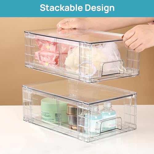 Vtopmart 4 Pack Stackable Clear Drawer with Dividers - 4.4"H Refrigerator & Kitchen Organizer
