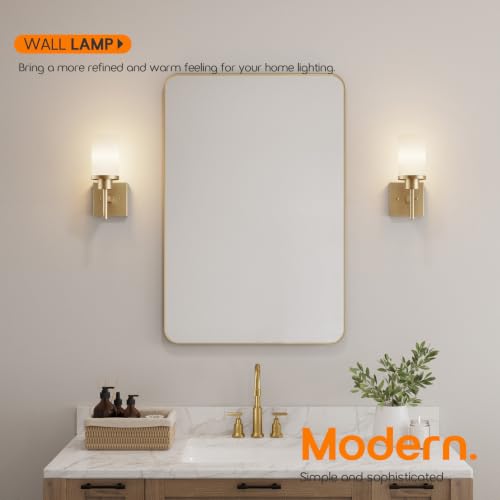 Vanity Lighting Fixtures 2 Pack with White Frosted Glass Shades - Champagne Bronze Wall Lamps for Bathroom & Bedroom - Up & Down Mounting
