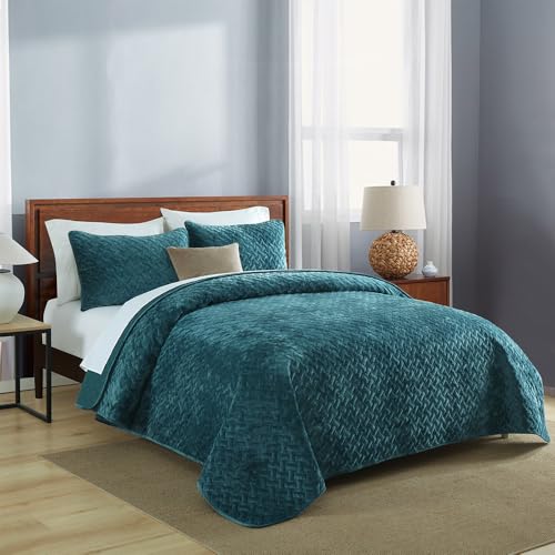 Liians Velvet Bedspread Quilt Coverlet Bedding Set Teal King Size