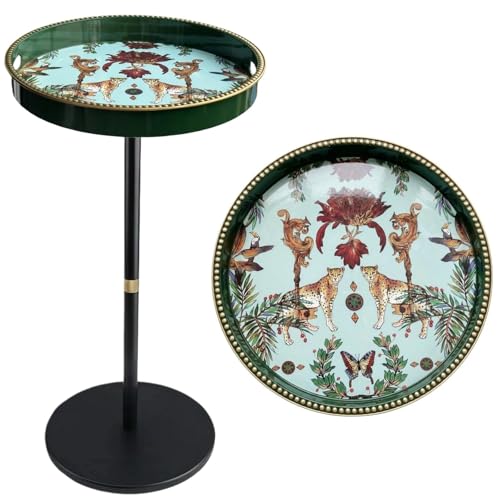 Gesodant Boho Single Leg Round Side Table with Tray Top - Green Leopard