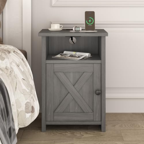 AURINEST Farmhouse End Table Set of 2 with Charging Station - Rustic Nightstands with Barn Door & Storage Shelf, Grey