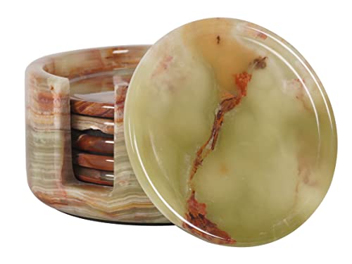 Green Onyx Marble Coasters Set of 6 with Holder - 3.5 Inch Round Natural Stone