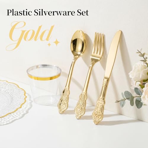 N9R Gold Plastic Silverware Set 300 Pieces - Vintage Disposable Utensils & Cutlery