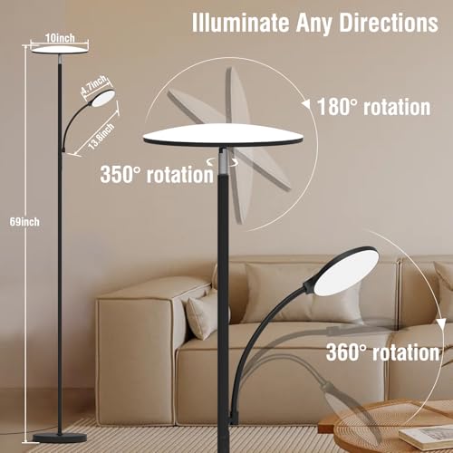 Black LED Floor Lamp 42W 4500LM Stepless Dimmable with Reading Light & Remote