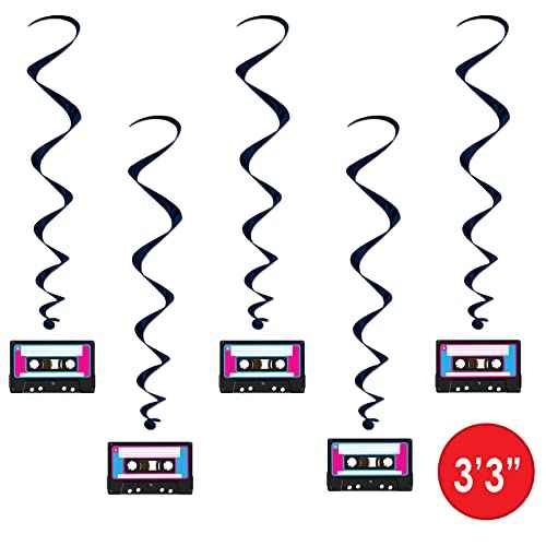 Beistle 5 Piece 80's Theme Cassette Tape Hanging Swirl Decorations, Retro 1980's Party D?cor Whirls