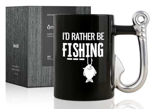 I'd Rather Be Fishing Coffee Mug with Hook Handle - 13.5oz Ceramic Gift for Anglers