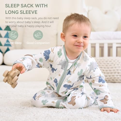 FIEMOL Baby Sleep Sack 6-12 Months Green Dinosaur 2-Pack - Long Sleeve Wearable Blanket with Mittens & 2-Way Zipper