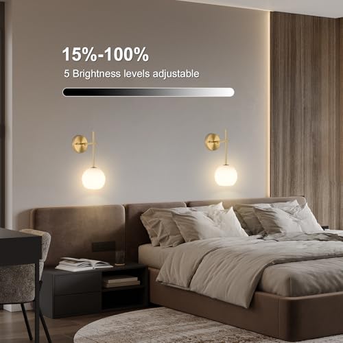 Gold Battery Operated Wall Sconces Set of 2, Rechargeable Wireless