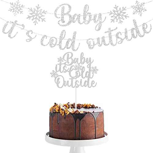 Baby It's Cold Outside Party Decorations Banner Cake Topper, Glittery Snowflake Banner Christmas Decorations Winter Wonderland Baby Shower Holiday Garland Photo Props Banner for Party Home Decorations