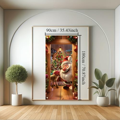 TOMHONG Christmas Door Cover Santa and Reindeer 71x35 Inch Front Door Decor for Holiday Party