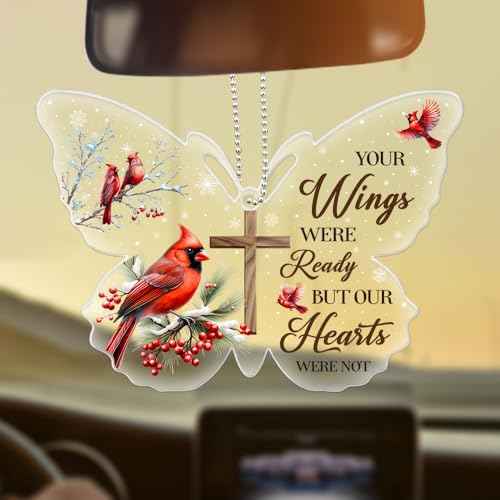 Memorial Gifts, Acrylic Ornaments, Loving Memory Cardinal Cross, Snow Hanging Decorations Gift Cross Christmas Tree Holly with Berries Mirror Car with Ribbon Cardinal Bird