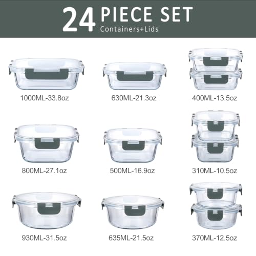 M MCIRCO Gray 24-Piece Glass Food Storage Containers with Airtight Lids