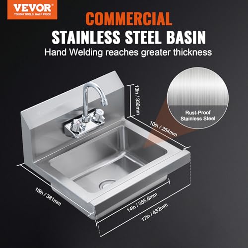 Commercial Stainless Steel Hand Sink with Faucet - Wall Mount Utility Basin, 17x15 inch